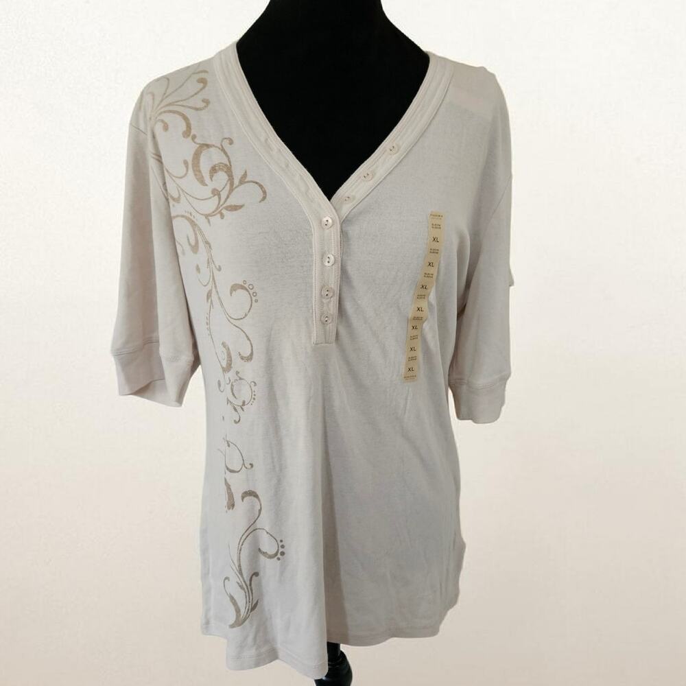 NWT Sonoma Life+Style V-neck Womens XL Cream Henley Graphic Top 3/4 Sleeve
